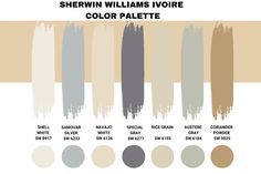 the color chart for sherylin williams's favorite paint colors, including grays and browns