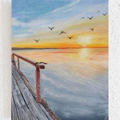 a painting of birds flying over the water and a wooden pier at sunset or sunrise