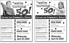 two flyers for an upcoming school year with the words, we're turning 50