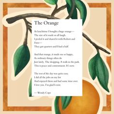 an orange with green leaves on it and a poem written in the bottom right corner