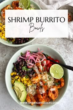 two bowls filled with shrimp burrito and rice, garnished with avocado