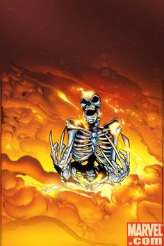 a skeleton sitting on top of a cloud covered ground with flames in the sky behind it