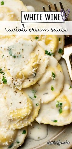 white wine ravioli cream sauce on a plate