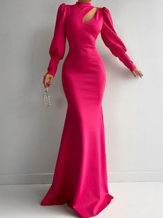 Vestido de fiesta con abertura de manga gigot bajo sirena Rosa Fucsia Elegante  manga larga Tela Liso Apretado Elástico Ligero  Women Clothing, size features are:Bust: ,Length: ,Sleeve Length: Red Green Dress, Gown Elegant, Mermaid Evening Gown, Evening Dresses Online, Cheap Evening Dresses, Dresses Formal Elegant, Elegant Dresses Classy, Evening Gowns Elegant, Classy Dress Outfits