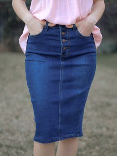 Our Maia Denim skirt - dark wash is such a perfect wash and button detailing truly gives it that spunk that we love! The perfect new addition to our denim collection! Details buttons going down front 4 button closure vent on back stretch denim for a looser fit size up Sizing (measurements are approximate) Small - 30" waist | 37" hips | 26" length Medium - 31" waist | 38" hips | 26” length Large - 32" waist | 39" hips | 26" length 1X-Large - 35" waist | 40" hips | 26" length 2X-Large - 37" waist Church Dress Outfit, Modest Denim Skirts, Button Down Denim Skirt, Dark Denim Skirt, Vintage Denim Skirt, Jean Skirts, Overall Skirt, Jeans Outfit Women, Long Denim Skirt