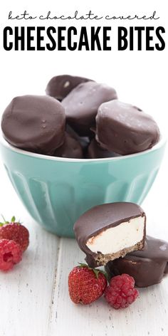 chocolate covered cheesecake bites in a bowl with raspberries on the side and text overlay