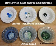 four bowls with glass shards and marbles on them