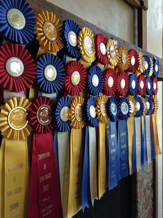 rows of ribbons hanging on the wall in front of a plaque that says, winning is best