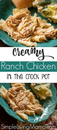 creamy ranch chicken in the crock pot on a green plate with apples and lettuce