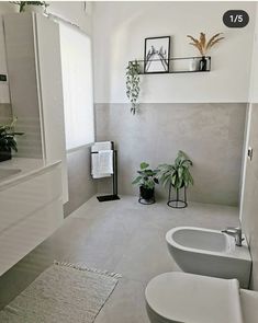 a bathroom with a toilet, sink and bathtub next to a plant on the wall