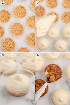 the steps to make cupcakes with cream cheese frosting and apples in plastic cups