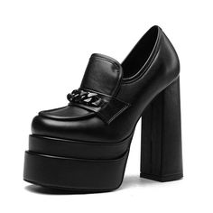 Color: Black Material: Faux Leather Toe Shape: Square Toe Heel Height: 5.51 inches Platform Height: 1.97 inches Pattern: Solid Color Style: Loafer Shoes Suitable Seasons: Spring, Summer, Fall