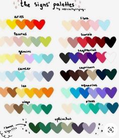 hearts with different colors and the names of them in each one's heart shape