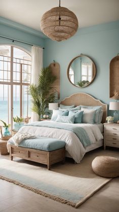 a bed room with a neatly made bed next to a large window and a potted plant