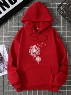 Red Hoodie Women, Paint Clothing, Claudia Lars, Dandelion Print, Hoodie Aesthetic, Women Sweatshirts, Artistic Inspiration, Red Hoodie, Drawstring Hoodie