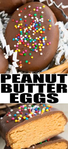 peanut butter eggs with chocolate frosting and sprinkles on top are shown