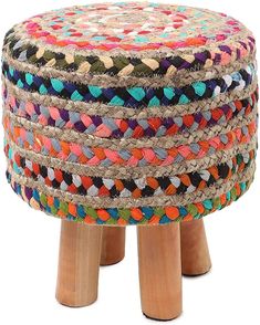 a multicolored stool with wooden legs