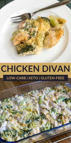 chicken and broccoli casserole with text overlay