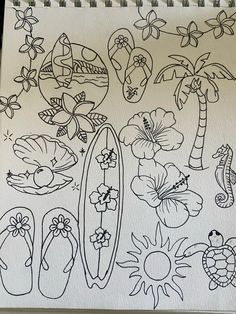 an image of a drawing on paper with flowers and surfboards