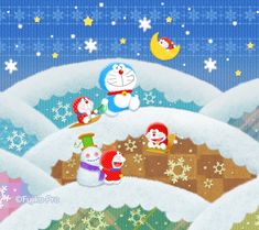 an animated image of snowmen and cats on a snowy hill with moon in the background