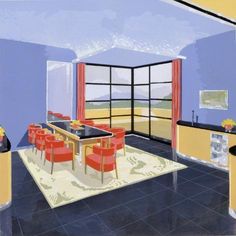 an artist's rendering of a dining room and kitchen area with blue walls, black counter tops, and red chairs