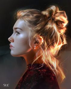 a digital painting of a woman's profile with her hair blowing in the wind