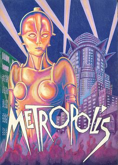 a painting of a woman standing in front of a cityscape with the word metropolis written on it