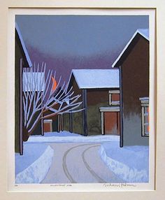 a painting of a snowy street with houses in the background