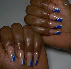 Royal Blue And Gold Nails, Dark Blue French Tip Nails, Blue Stiletto Nails, Blue And Silver Nails, Blue Ombre Nails, Blue Coffin Nails, Royal Blue Nails, 23rd Birthday, Short Nail