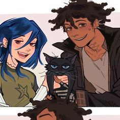 two people with blue hair and one is holding a black cat