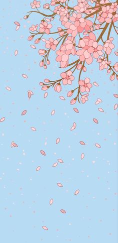 pink flowers on a blue background with white dots in the sky and falling petals all around