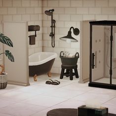 a bathroom with a claw foot bathtub, shower and two stools in it