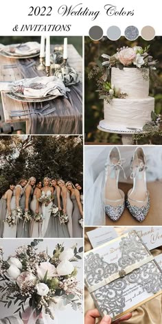 a collage of photos with wedding colors and decorations