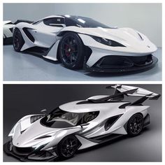 two different views of a white and black sports car