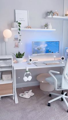 a white desk with a computer monitor and keyboard