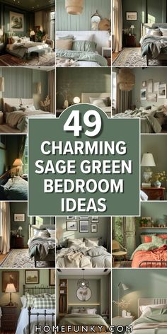 bedroom with green walls and white bedding is featured in this postcard collage