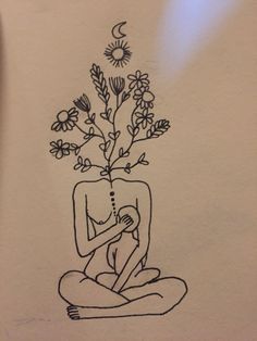 a drawing of a person sitting in front of a vase with flowers