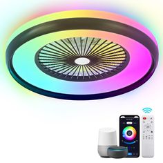 an image of a colorful ceiling light with remote control and appliance on it