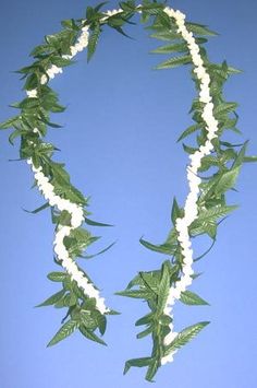 white flowers and green leaves are arranged in the shape of a necklace