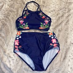 Brand New, Never Used But No Tags 82% Polyamid 18% Elasthan High Waist Floral Print Swimwear For Swimming, Navy Beachwear Swimwear For Spring, Navy Beachwear For Spring, Blue High-waist Swimwear For Spring, Bright Swimwear, Womens Swim, Color Blue, Swimming, High Waisted