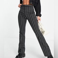 Super Cute Nwt! Asos Pinstripe Pants. Could Be Dressed Up Or Down! Us Size 2 Trendy Striped Flare Pants, Trendy Black Bottoms With Vertical Stripes, Trendy Fitted Pinstripe Pants, Trendy Striped Flare Bottoms, Striped Stretch Flare Pants, Striped Wide Leg Pants For Night Out, Stretch Flare Striped Pants, Striped Stretch Bottoms For Night Out, Fitted Striped Flare Pants