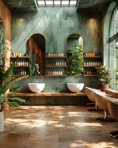 a large bathroom with two sinks and mirrors on the wall next to each other in front of windows