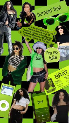 the collage is made up of many different people in green and black outfits, with cell phones