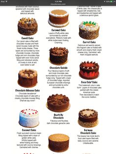 an info sheet with different types of cakes on it's sides and the words