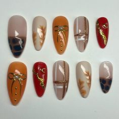 Nails perfect for fall!! Hello! Thank you for visiting my new up and running shop! My name is Taylor and I've been making press-ons for a while now, and finally decided to start selling them! I do custom orders, as well as pre-made nail sets and hope to give you amazing nails! Enjoy shopping:) Choose your size and nail shape Press on nails last up to 10-14 days and won't damage your nails! All sets include:  - Press-on nail set - Nail sticky tabs - Nail glue - Cuticle stick - Nail Buffer - Appli Nails Autumn Leaves, Fall Plaid Nail Designs, Fall Nails Leaves, Fall Leaves Nails, Fall Nails Art, Pedi Designs, Plaid Nail Designs, Nails Autumn, October Nails