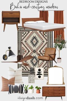 a collage of furniture and decor with text overlay that reads bedroom designs bolo mid - century modern