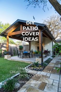 a patio cover with the words diy patio cover ideas on it and an image of a