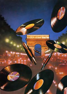 an advertisement for record records flying through the air in front of arc de trioe