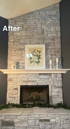 a stone fireplace with candles and greenery on it, before and after remodeling