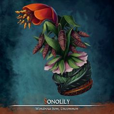 a painting of a flower in a vase with the words, sonolify wonderful item, uncommon